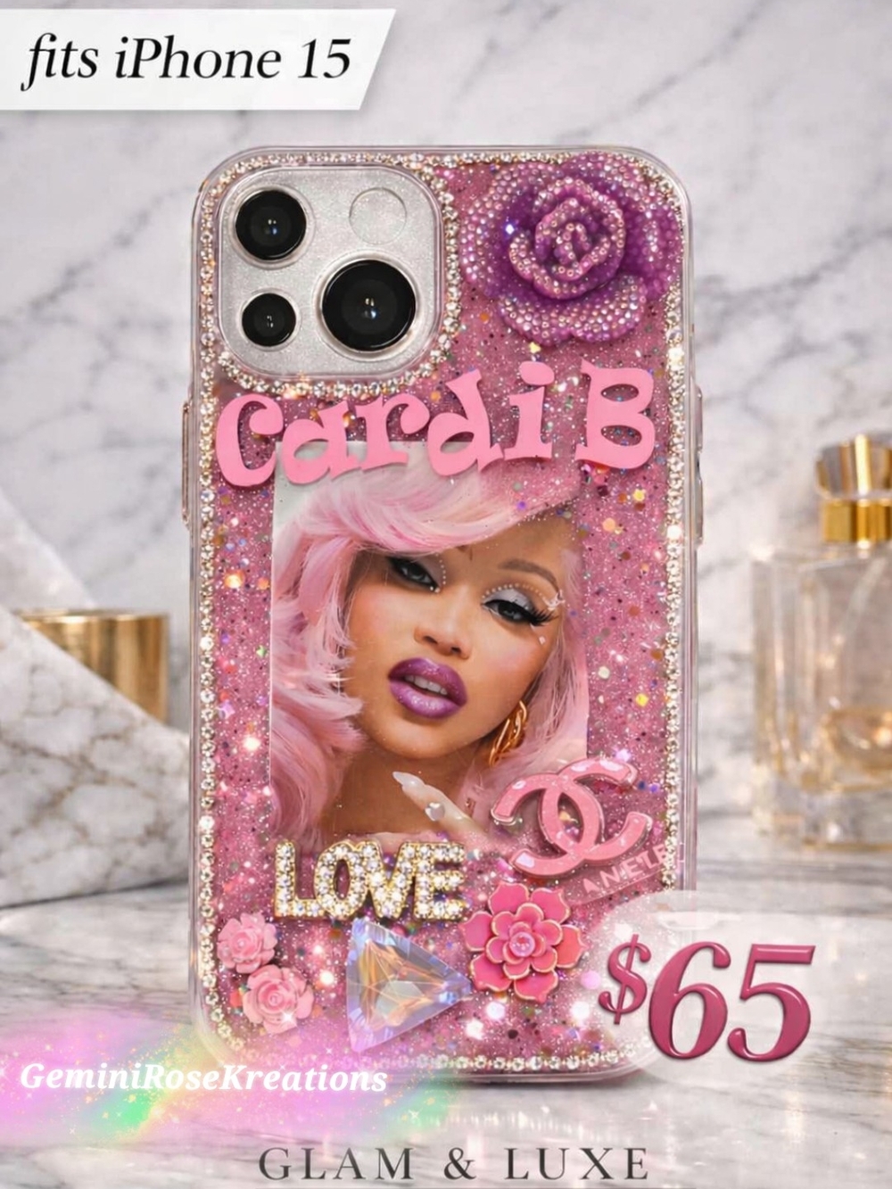 Cardi B Pink Glitter Floral Rhinestone iPhone 15 Case by